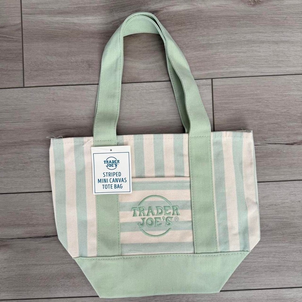 💚 Trader Joe's Limited Edition Mint Green Striped Mini‎ Canvas Tote Bag